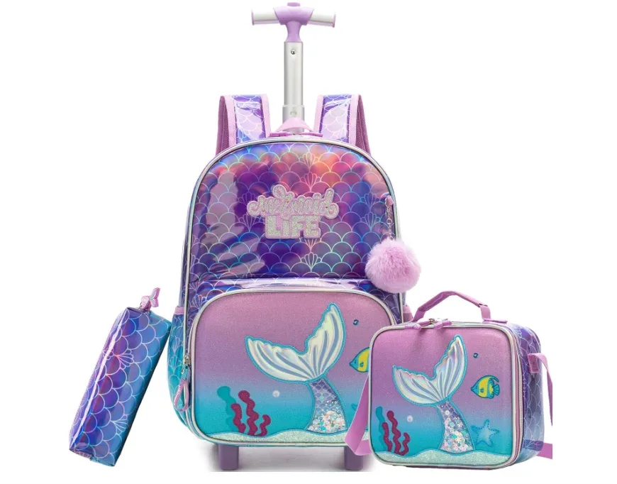 ensemble de sacs à dos à roulettes pour filles, chariot de voyage de 16 pouces, sac à dos à roulettes, sac à déjeuner, sac à stylos, sacs à roulettes d'école 3 en 1