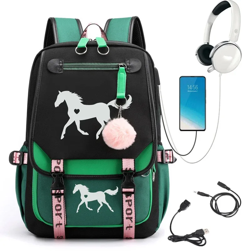 Cheval coeur dessin animé sac à dos Usb Bookbag garçons filles cartable unisexe ordinateur portable voyage sac à dos grande capacité étudiant sac à dos