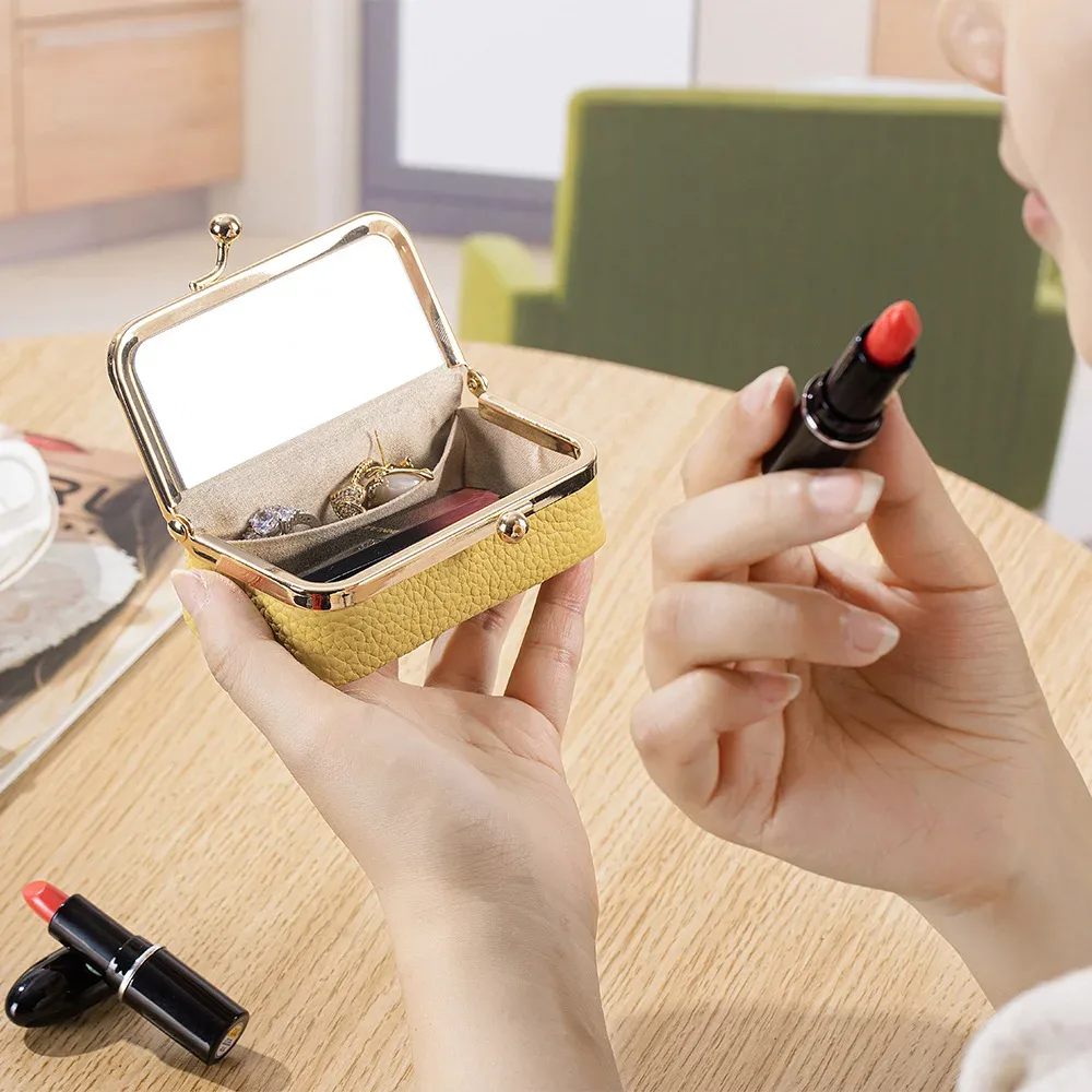 Mini étui de rangement pour rouge à lèvres en cuir véritable, petite trousse de maquillage avec miroir, pochette de voyage pour cosmétiques, boîte de maquillage
