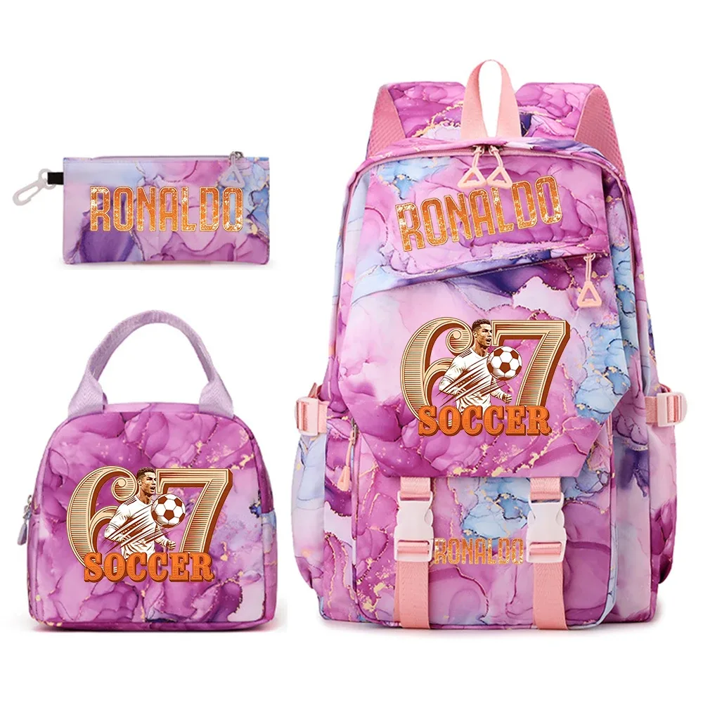 ensemble de sacs à dos pour étudiants avec imprimé cr7 ronaldo 67, avec sac à lunch et trousse à crayons, sac à dos de voyage pour adolescentes