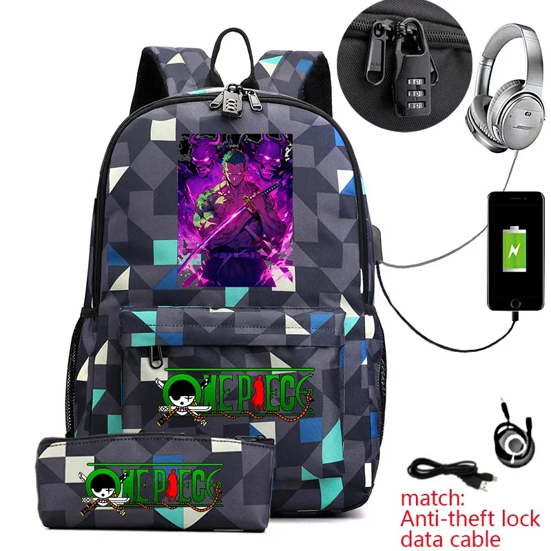 sac à dos d'école imprimé one piece zoro, antivol, pour enfants et adolescents, avec trousse à crayons