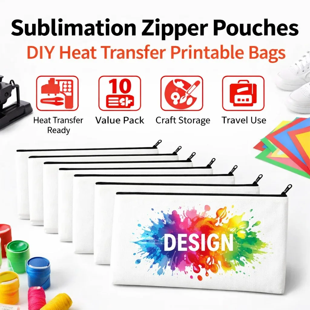 10/20/30pcs sacs à fermeture éclair pour sublimation, pochettes cosmétiques vierges en toile blanche, sacs de rangement artisanaux imprimables par transfert thermique diy