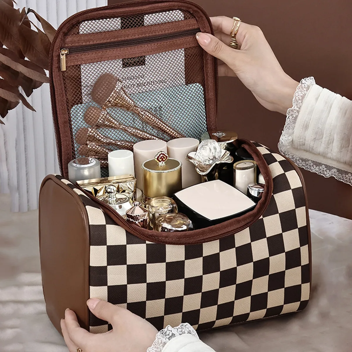sac de maquillage en pu pour femmes, mignon, organisateur de produits de toilette, pochette de maquillage de voyage étanche, trousse à cosmétiques portable de grande capacité