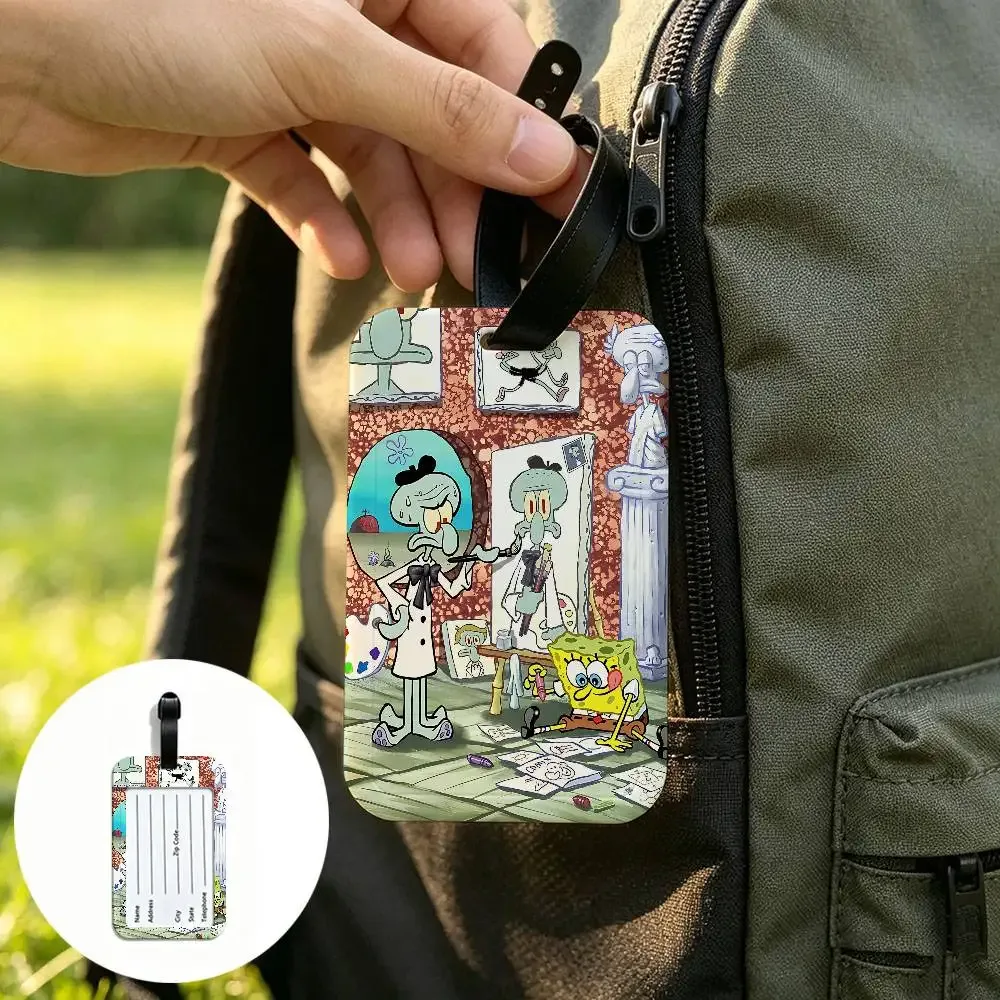 étiquette de bagage portable anti-perte en pvc, motif dessin animé mignon s-spongebob, porte-carte d'informations pour valise, sac à dos, étiquette de voyage
