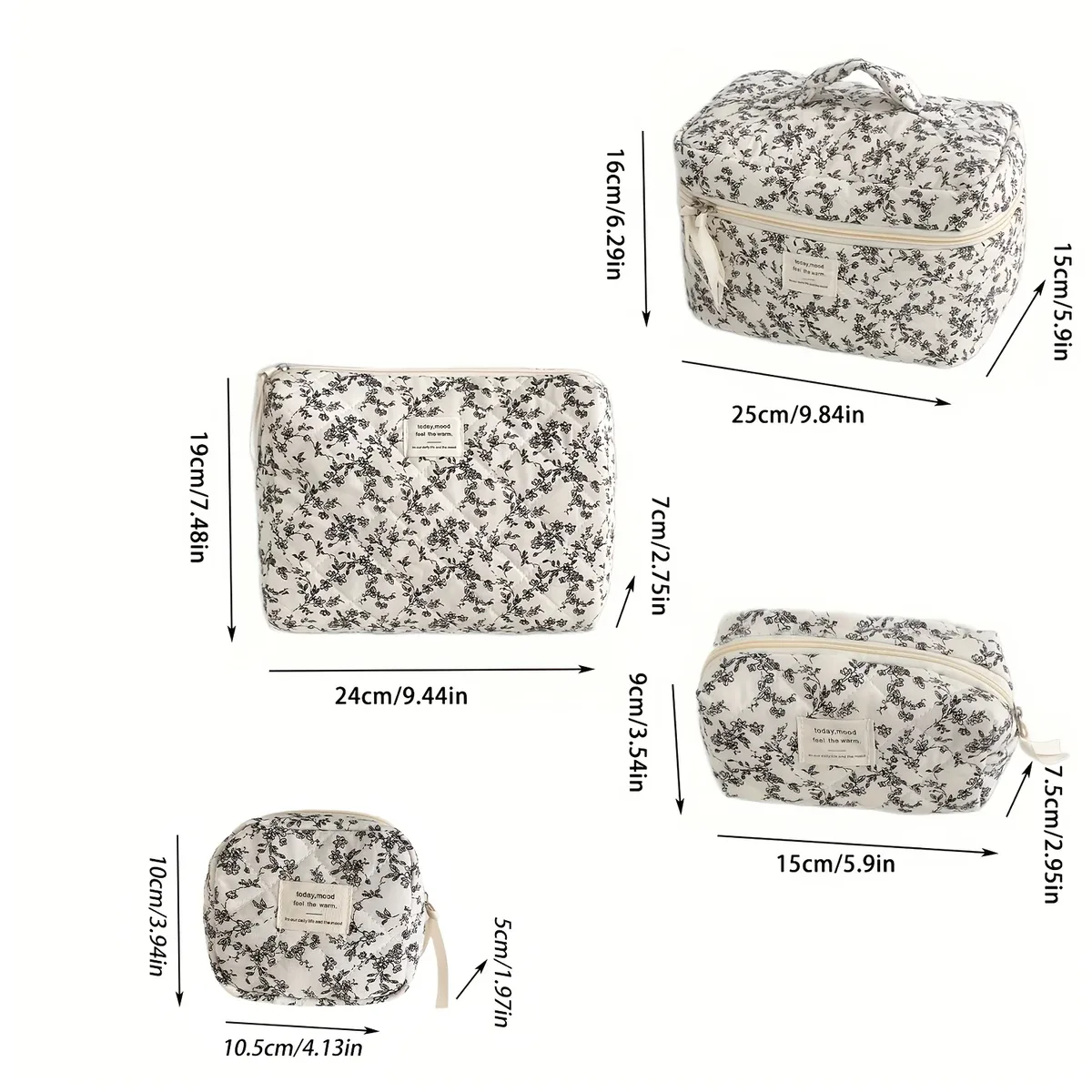 Ensemble de 4 trousses de maquillage florales, pochette de rangement de voyage de grande capacité avec fermeture éclair, organisateur de toilette de voyage facile à nettoyer