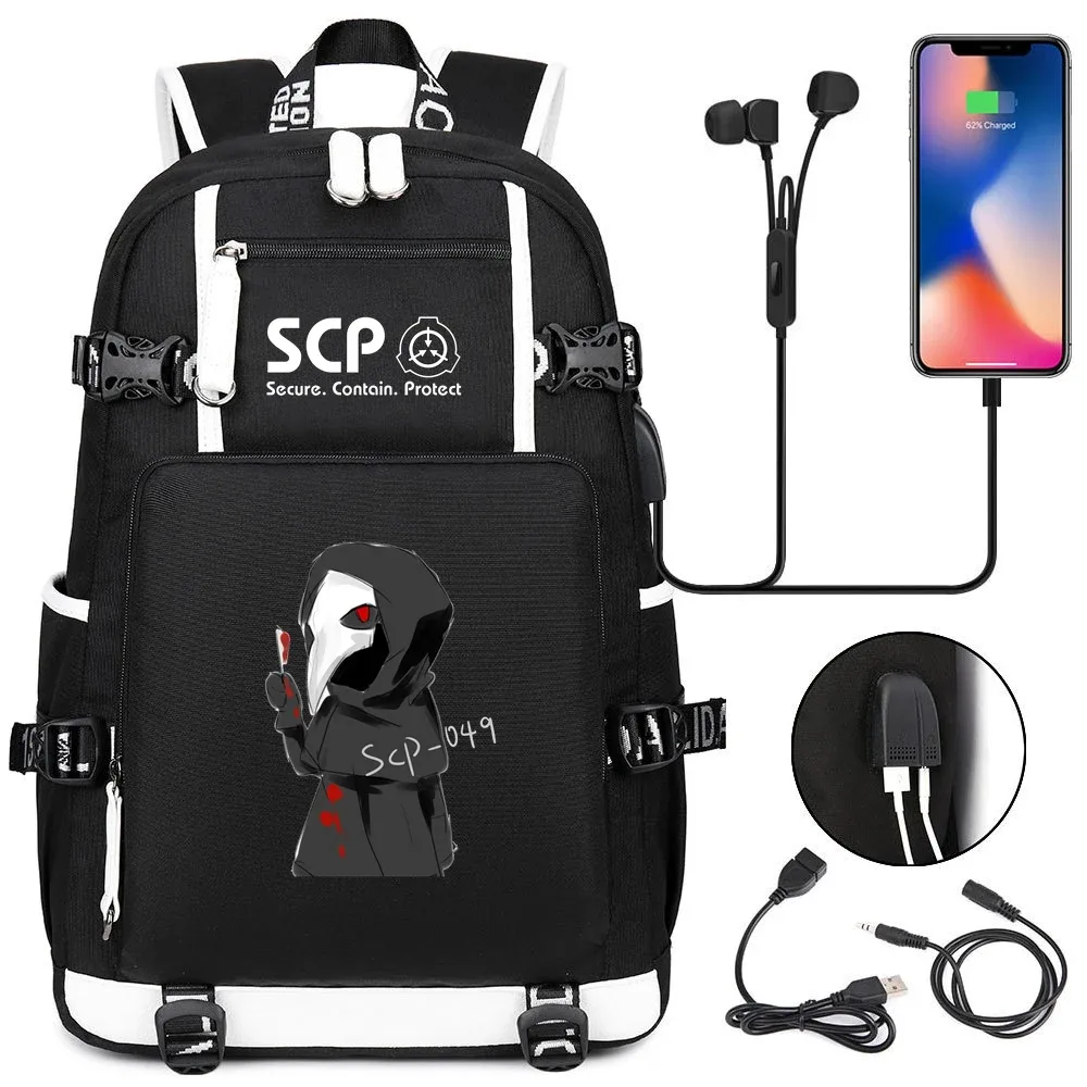 sac à dos scp foundation cartable noir, sacs d'école de dessin animé pour enfants adolescents, sac à dos de voyage scp, sacs initiés par ordinateur portable usb