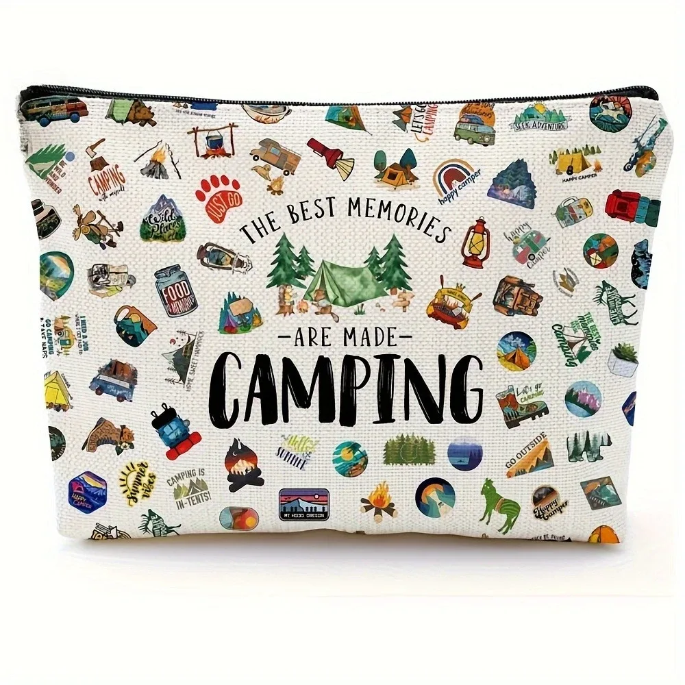 trousse de maquillage de camping vibrante, sac à cosmétiques design happy camper, pochette à cosmétiques légère en polyester pour voyage, cadeaux de noël