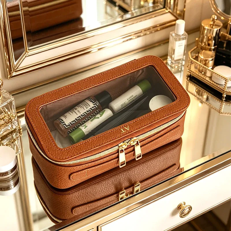 sac de voyage de luxe portable pour cosmétiques, personnalisable avec nom, en cuir pu, fermeture éclair, grande capacité, trousse de maquillage transparente, étanche, trousse de toilette
