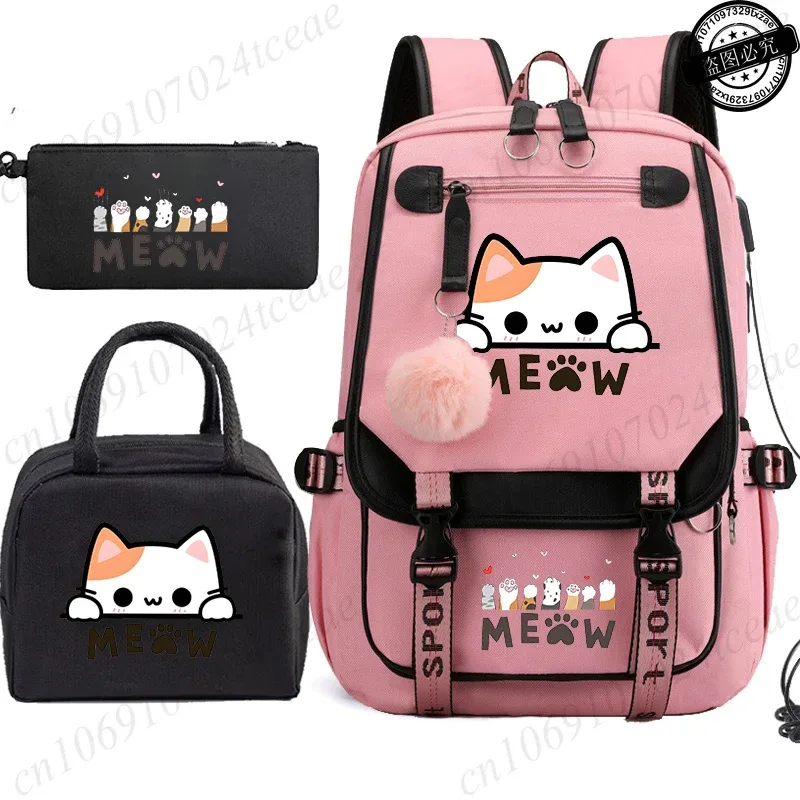 sac à dos scolaire pour adolescents, sac à dos quotidien pour étudiants, sac à dos pour filles, sac à dos scolaire à motif de chat noir, avec sac à lunch et trousse à crayons, 3 pièces/ensemble