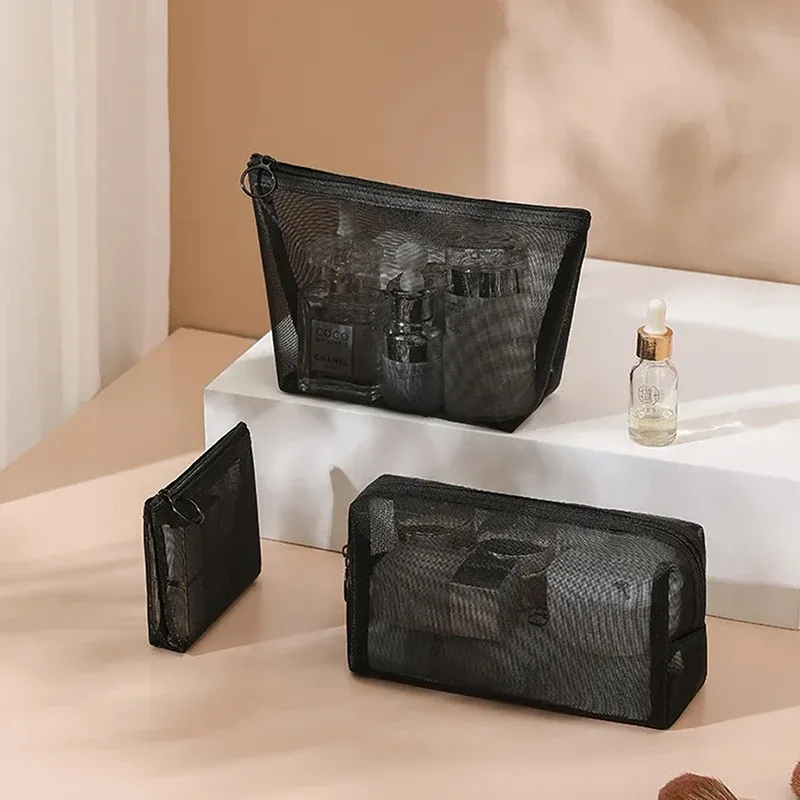 Sac de maquillage en maille transparente, petit et grand, noir, sac de maquillage portable, sac de rangement pour toilette de voyage, sac de rangement pour rouge à lèvres