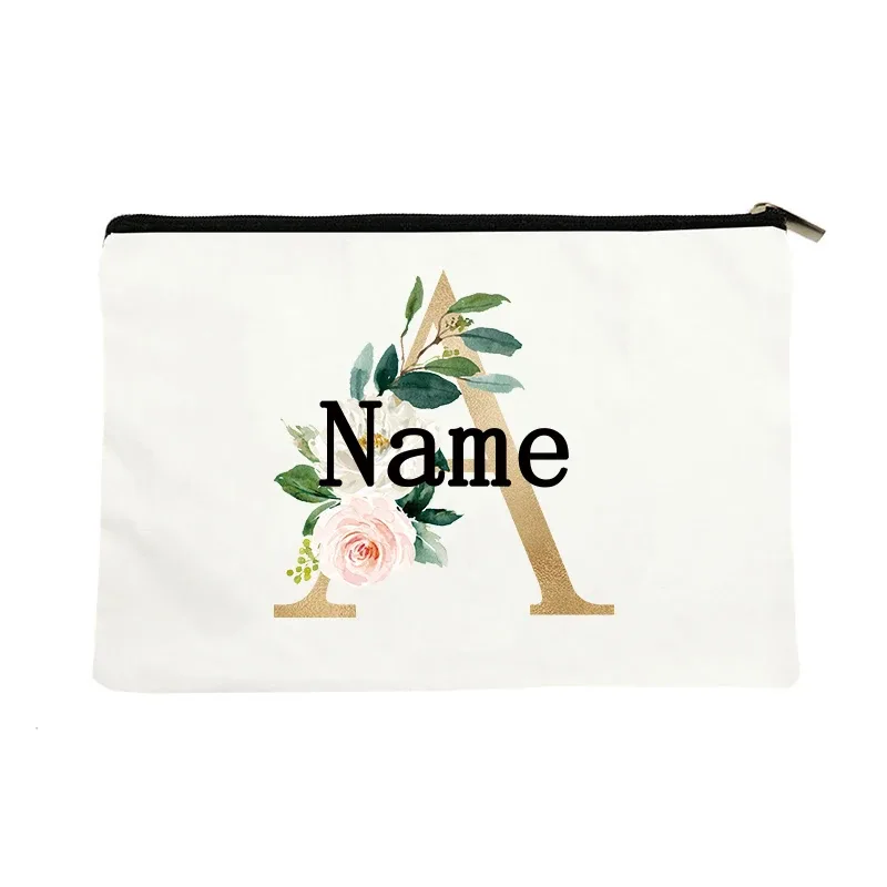 pochette en toile personnalisée avec initiales florales dorées, trousse de toilette légère personnalisée avec monogramme pour femmes, idéale pour les voyages quotidiens.
