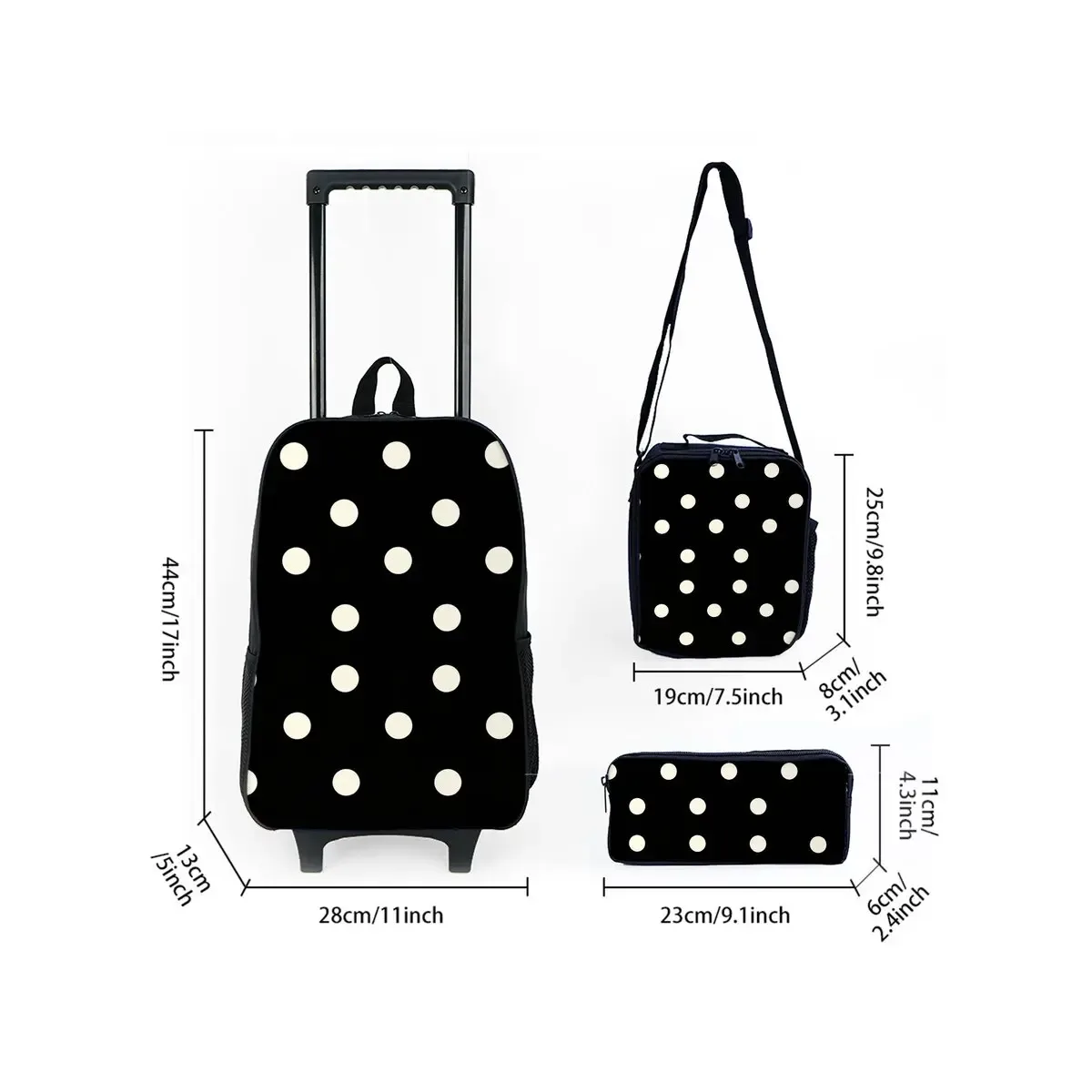 ensemble de sacs à roulettes imprimés à pois, avec boîte à déjeuner, sac à stylos avec roulettes, sac à dos de chariot d'école pour filles/garçons