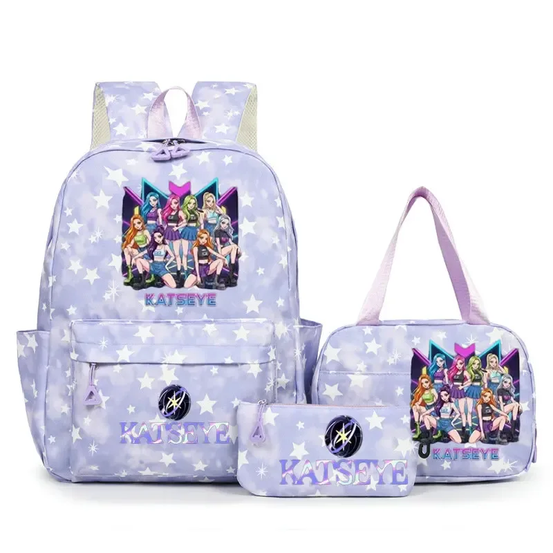 sac à dos scolaire pour étudiants avec imprimé amusant hot katseye, ensemble de sacs à dos, sac à déjeuner et trousse à crayons, sac à dos populaire pour enfants et adolescents, couleur bonbon
