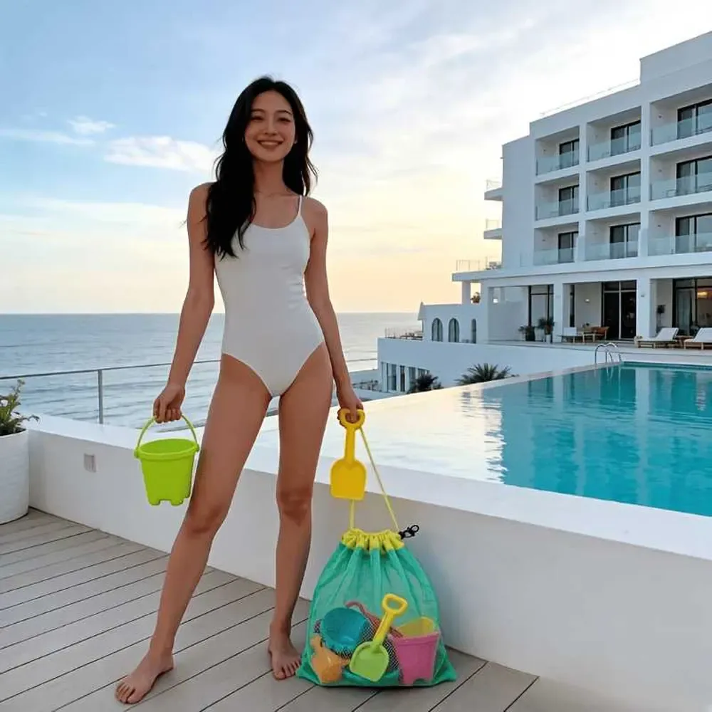 sac de rangement pour la plage et la natation, léger et de grande capacité, sac de plage à bandoulière en maille extensible avec cordon de serrage, housse de plage résistante au sable et respirante, adapté pour changer de vêtements, serviettes, sac bandoulière portable, double usage pour les voyages en plein air et la natation