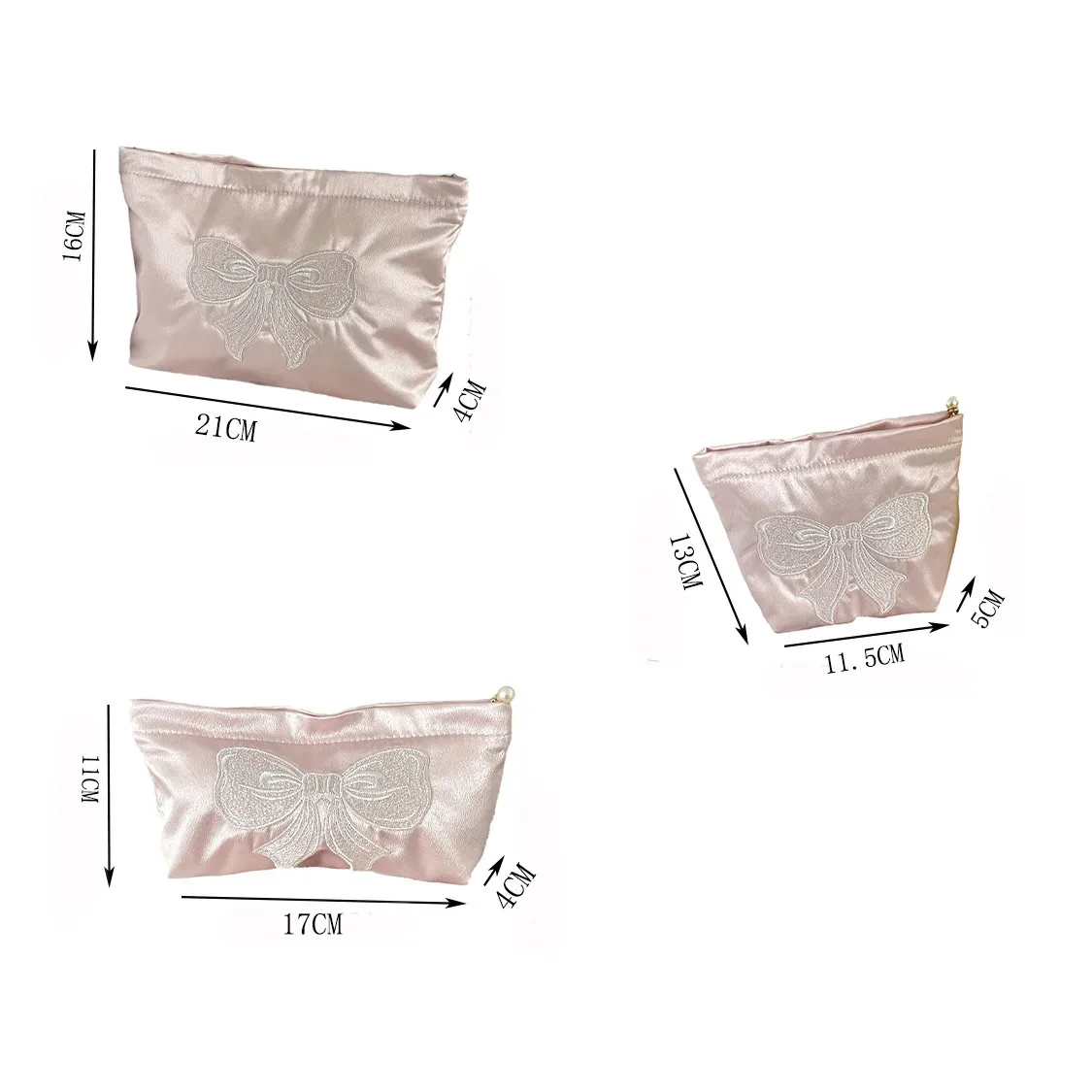 sac à cosmétiques avec nœud rose, fermeture éclair, organisateur de toilette brodé mignon, sacs de maquillage multifonctionnels pour femmes, rouge à lèvres, clé, porte-monnaie