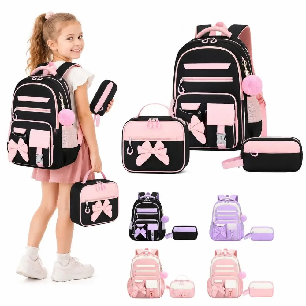 Ensemble de 3 pièces : Sac à dos, sac à déjeuner et trousse à crayons en tissu Oxford, grande capacité, avec nœud, léger et imperméable