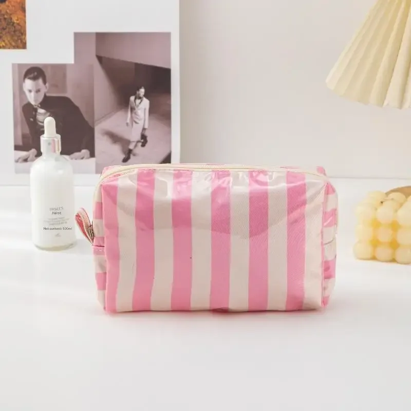 sac à cosmétiques rayé en pvc, trousse de maquillage avec fermeture éclair, trousse de toilette de voyage étanche, étui pour pinceaux de maquillage, 1 pièce