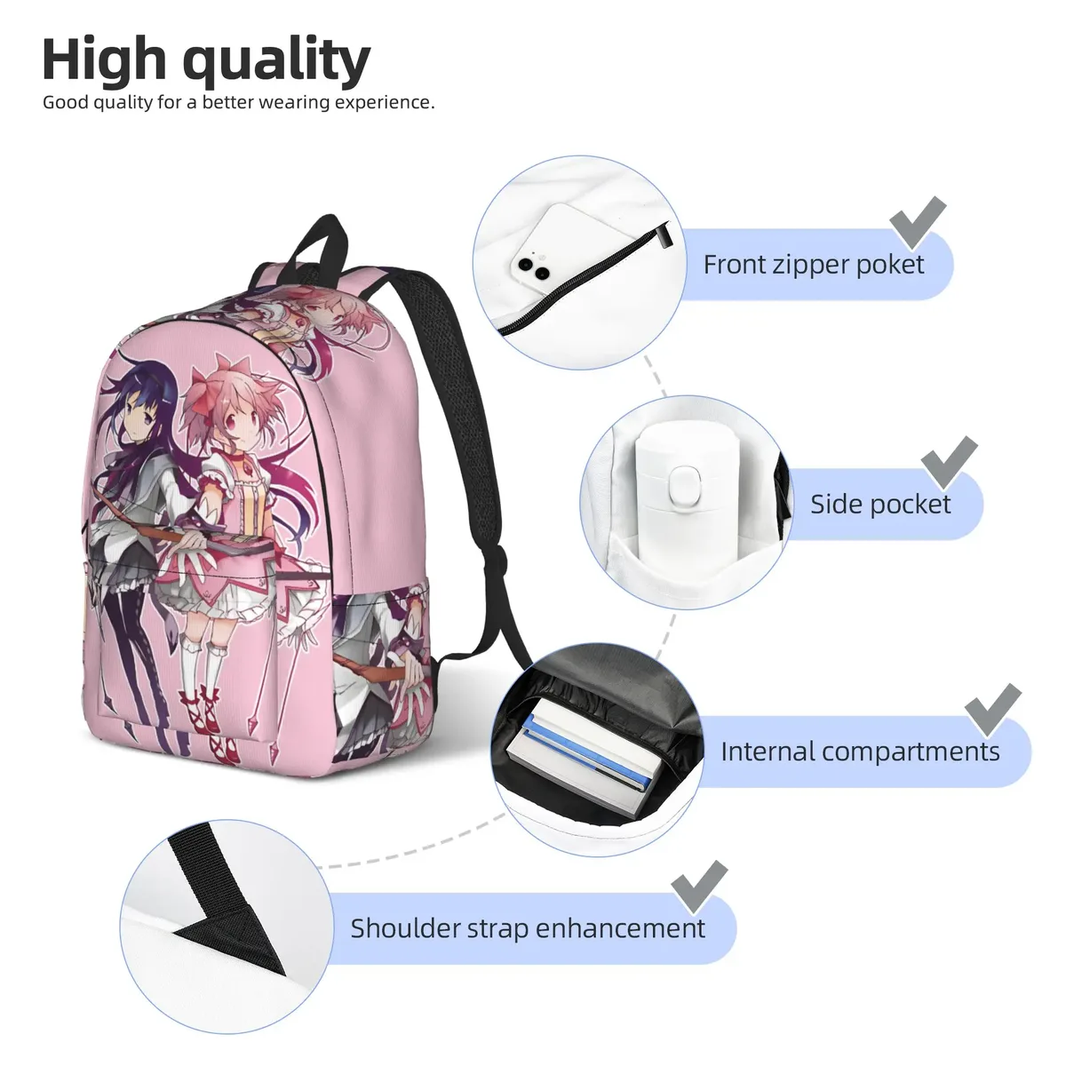 sac à dos homura puella magi madoka magica anime pour étudiants, randonnée, voyage, kyubey, pour hommes et femmes, sacs en toile pour ordinateur portable