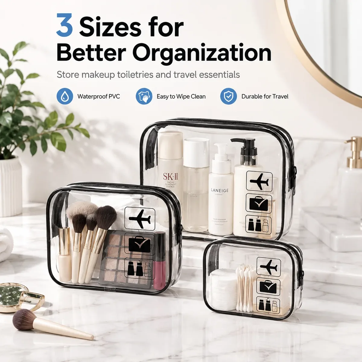 sac de voyage portable transparent et étanche pour cosmétiques, grande capacité, sac de rangement pour articles de toilette et maquillage, organisateur pratique à emporter