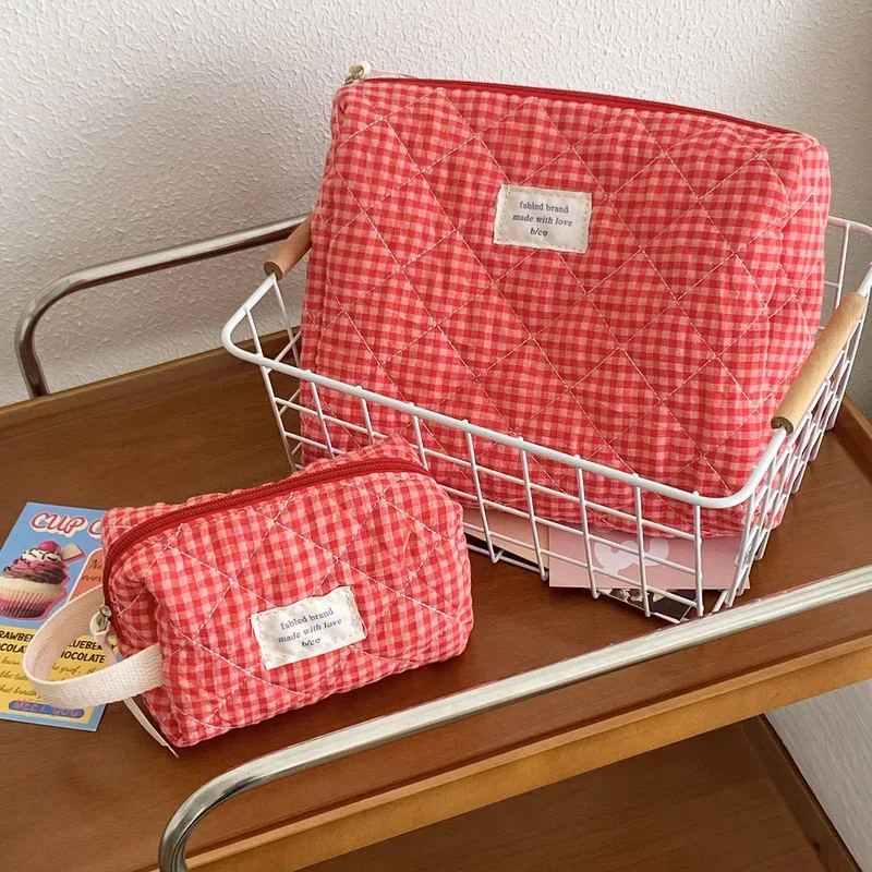trousse de maquillage en coton de grande capacité pour femmes, sac de rangement pour brosses à carreaux, trousse de toilette de voyage douce et mignonne, organisateur doux décontracté pour dames