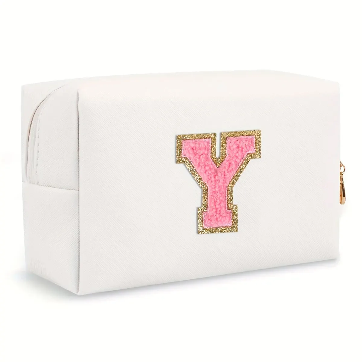 trousse de maquillage preppy pour femmes, trousse de toilette de voyage, sac à cosmétiques avec lettres en chenille, pochette étanche en cuir pu, joli organisateur à fermeture éclair-ll