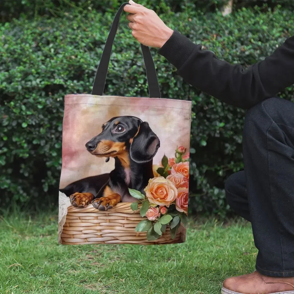 sac fourre-tout de grande capacité, motif floral avec visage de chien teckel mignon, sac d'épicerie rectangulaire spacieux pour femmes et hommes, 1 pièce