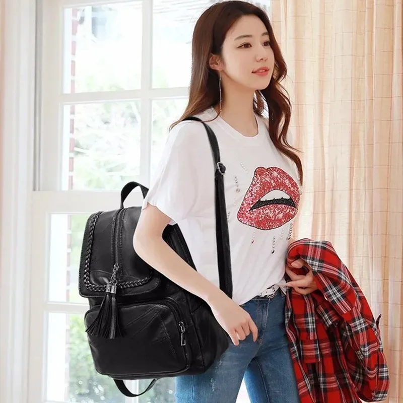 sac à dos multifonction classique noir pour femmes, sac à bandoulière de voyage imperméable en cuir pu, sac d'école