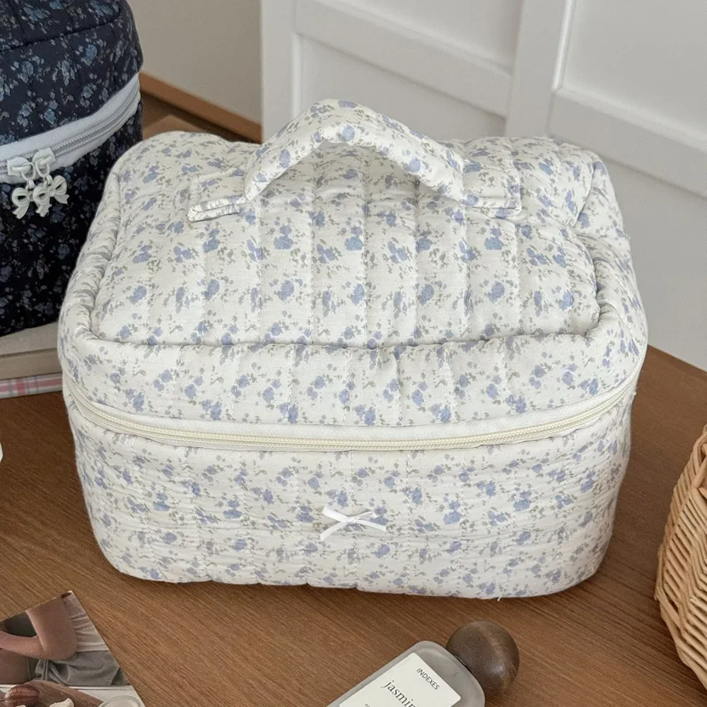 sac à cosmétiques de style coréen, sacs de rangement de voyage à fermeture éclair multi-tailles, sac matelassé de maquillage à carreaux avec nœud rose pour femmes et filles