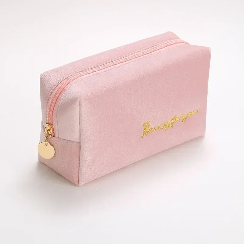 sac à cosmétiques en velours à fermeture éclair pour femme, grande trousse de maquillage de voyage, solide, pour documents, rouge à lèvres, rangement féminin