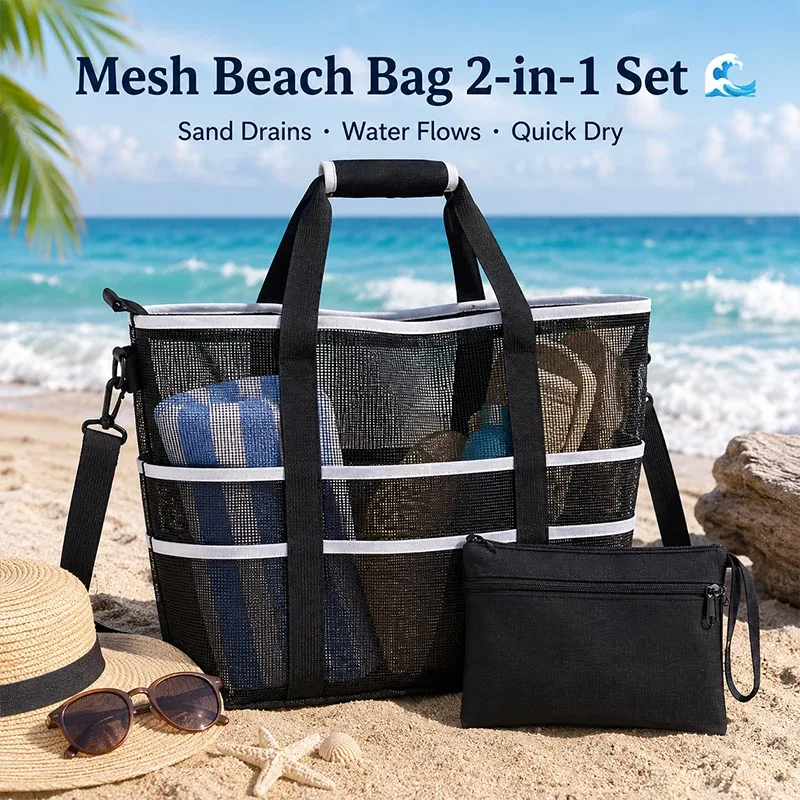 Sac de plage en maille portable grande capacité, sac fourre-tout à bandoulière pour vacances d'été, natation et voyage