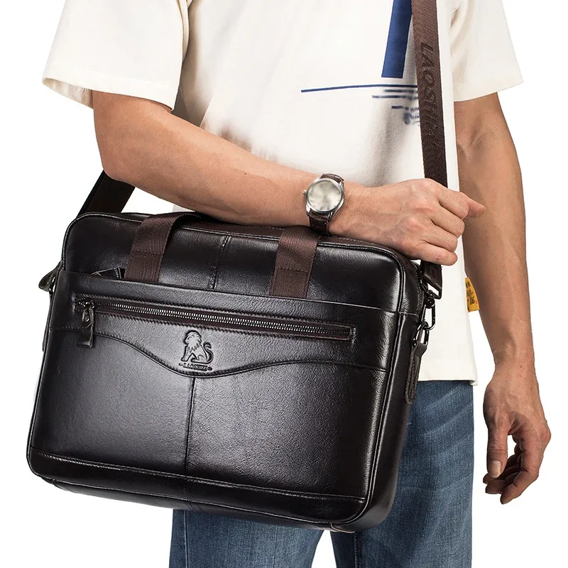 sac d'ordinateur en cuir de vache, porte-documents pour hommes en cuir véritable de grande capacité de 14 pouces, sac de fichiers rétro en peau de vache avec couche supérieure