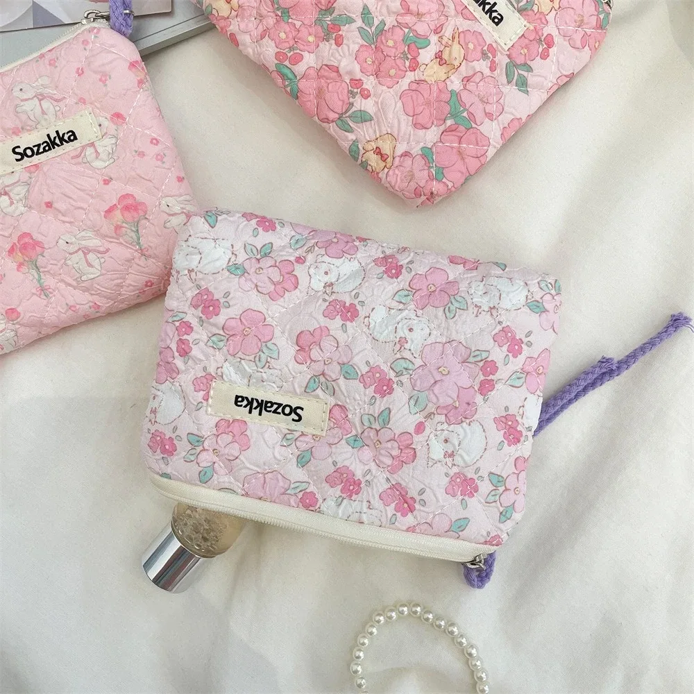 sac de maquillage imprimé en toile pour femmes, mignon, portable, style coréen, petits sacs à cosmétiques, étui de rangement de voyage, trousse de toilette