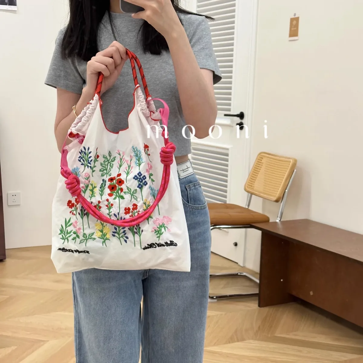 sac de shopping brodé pour femmes, avec chaîne à billes, grande capacité, en nylon écologique, sac à main, sac à bandoulière, sac porté en travers du corps.