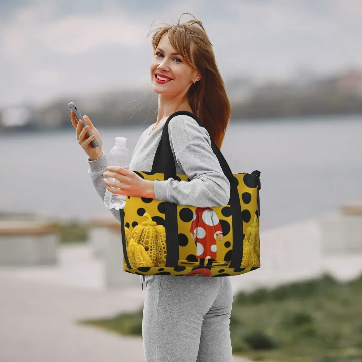 sac fourre-tout personnalisé yayoi kusama à pois pour femmes, sac de voyage à bandoulière de plage de gymnastique citrouille de grande capacité