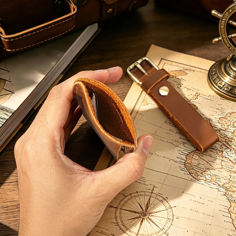étiquette de bagage vintage en cuir véritable crazy horse avec cache de confidentialité, étiquette d'identification et d'adresse, sangle réglable, accessoire de voyage pour valise et bagages
