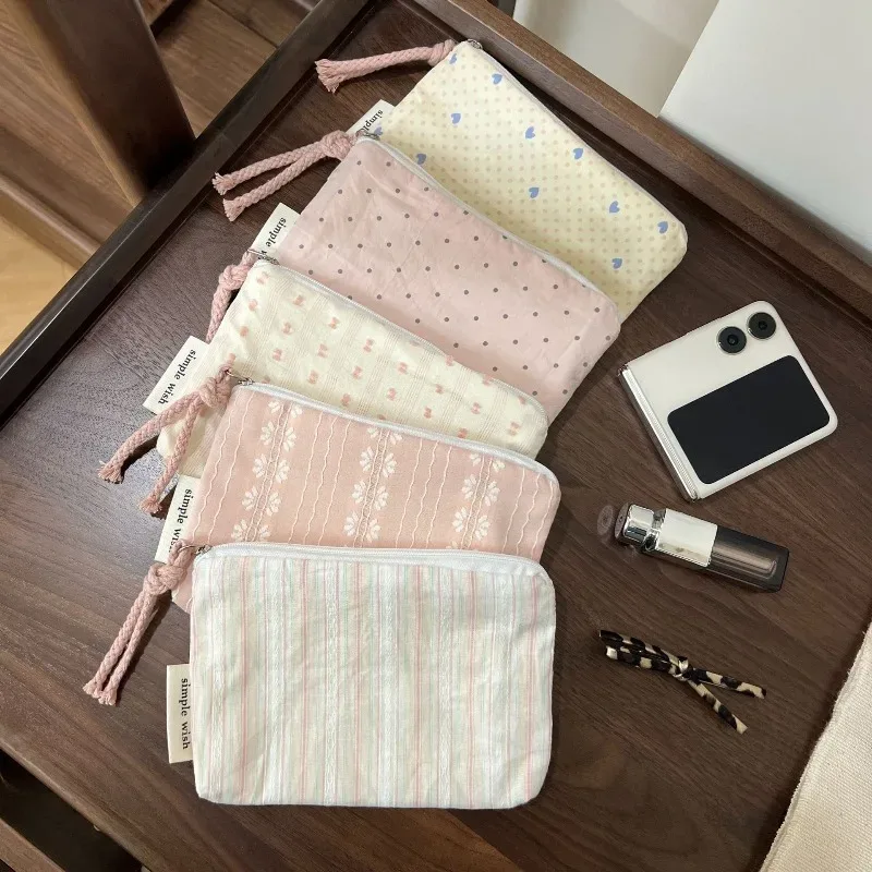 Sac de maquillage rose à rayures et pois pour femmes, porte-monnaie portable, porte-cartes, portefeuille, sac de rangement pour rouge à lèvres, sac organisateur de cosmétiques
