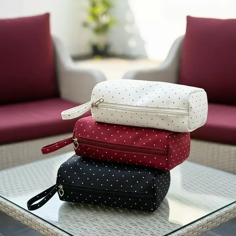 trousse de toilette grande capacité à fermeture éclair en twill à pois, portable, pour étudiants, dortoir et voyage