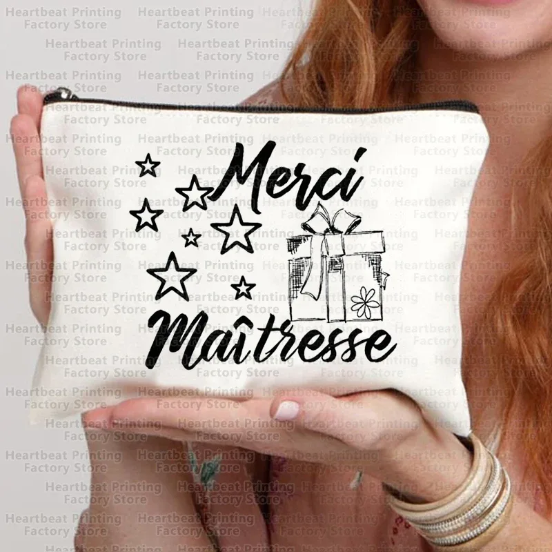 sac à cosmétiques de voyage imprimé français merci maîtresse, sac à rouge à lèvres, trousse à crayons, pochette pour femmes, cadeau de rentrée scolaire