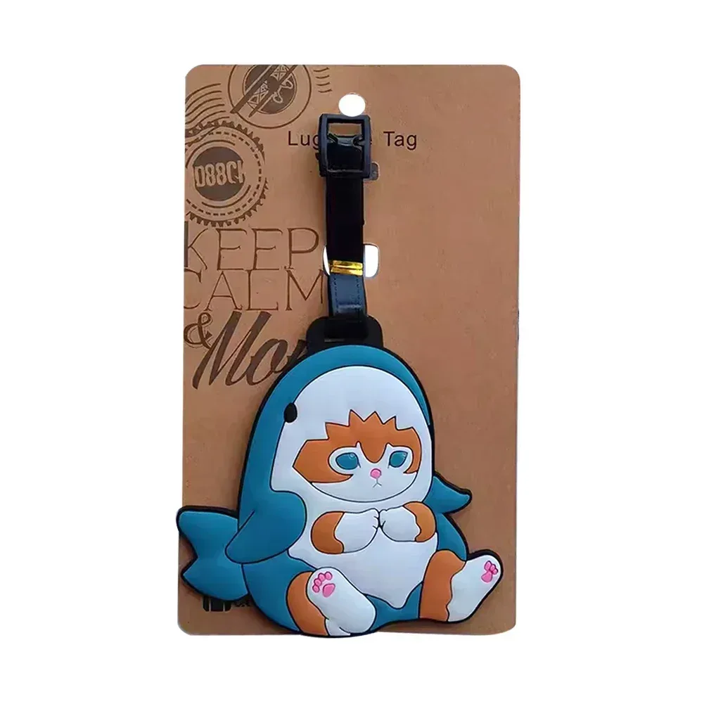 étiquette de bagage design chat requin kawaii, accessoires de voyage pour femmes, étiquette de bagage en pvc de dessin animé pour hommes, portable, anti-perte, adresse, nom