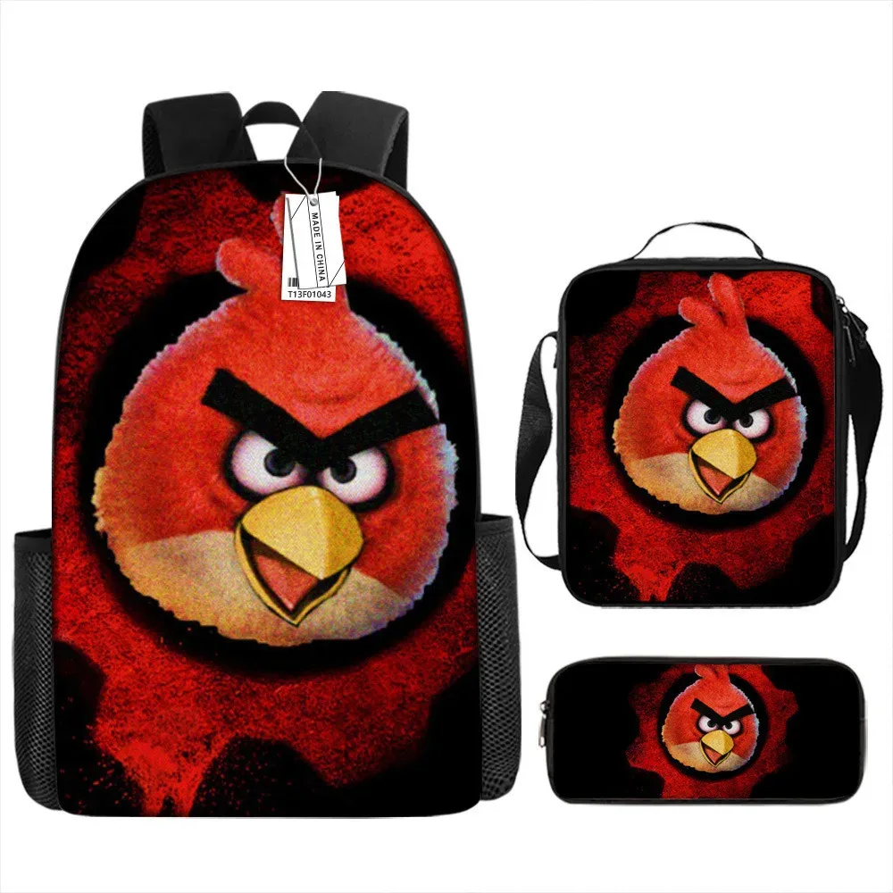 sacs d'école de luxe originaux et cool avec impression 3d angry birds, 3 pièces/ensemble, sac à dos pour ordinateur portable, sac à déjeuner, trousse à crayons