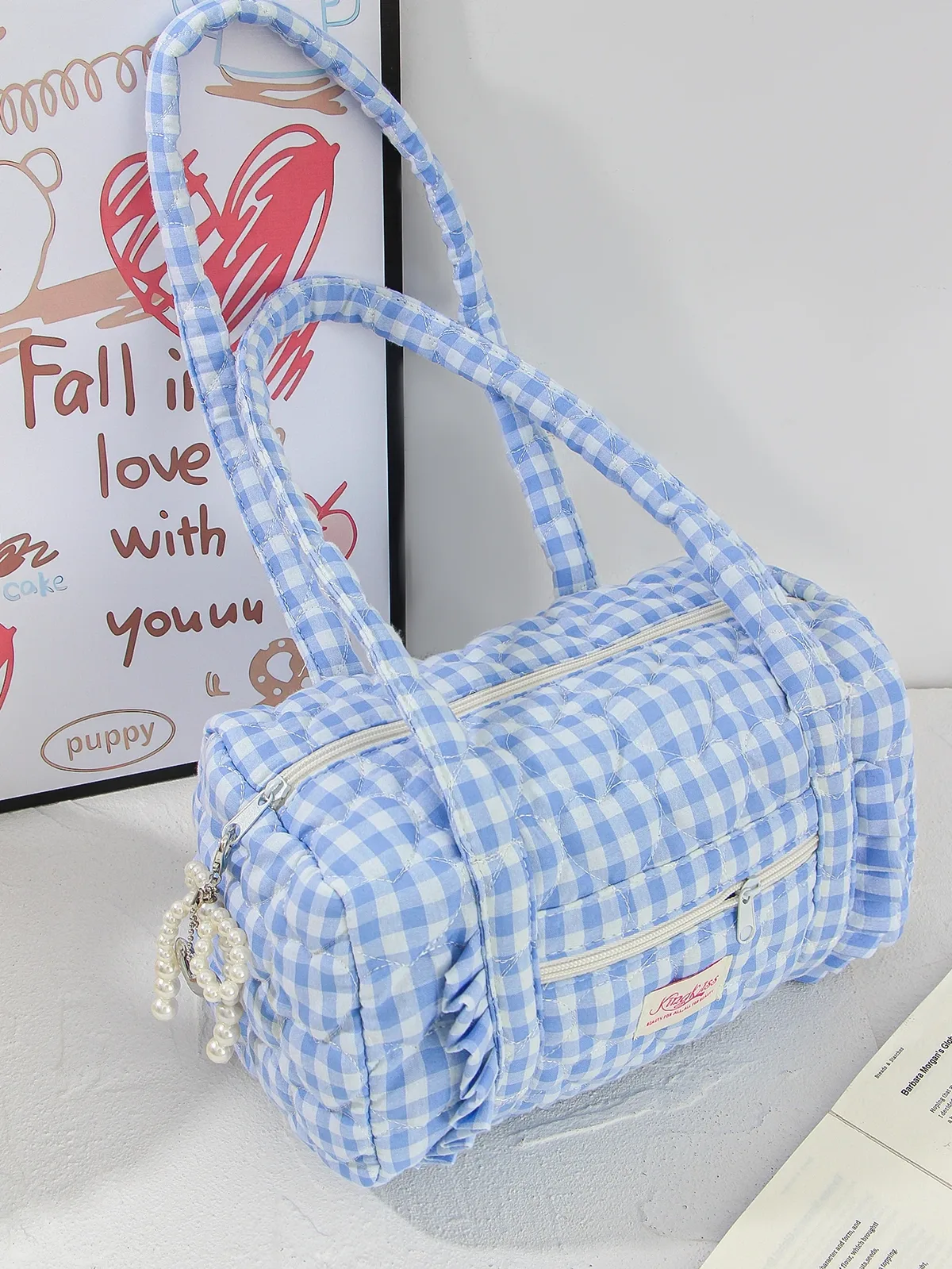 sac de voyage à carreaux bleus, sac de voyage multifonctionnel de grande capacité, sac de rangement portable pour articles de toilette quotidiens 1 pièce