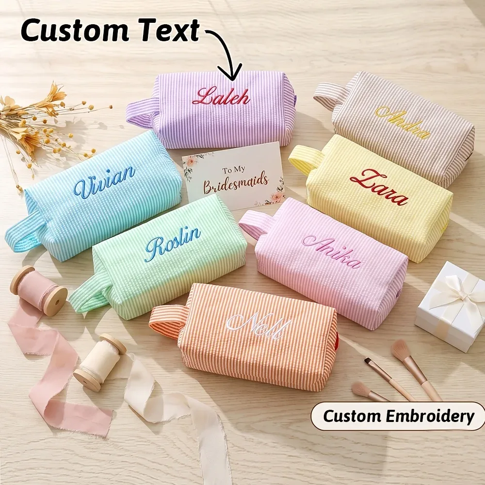 trousse de toilette brodée avec nom/texte, grande capacité, trousse de maquillage légère, cadeaux souvenirs personnalisés pour anniversaire