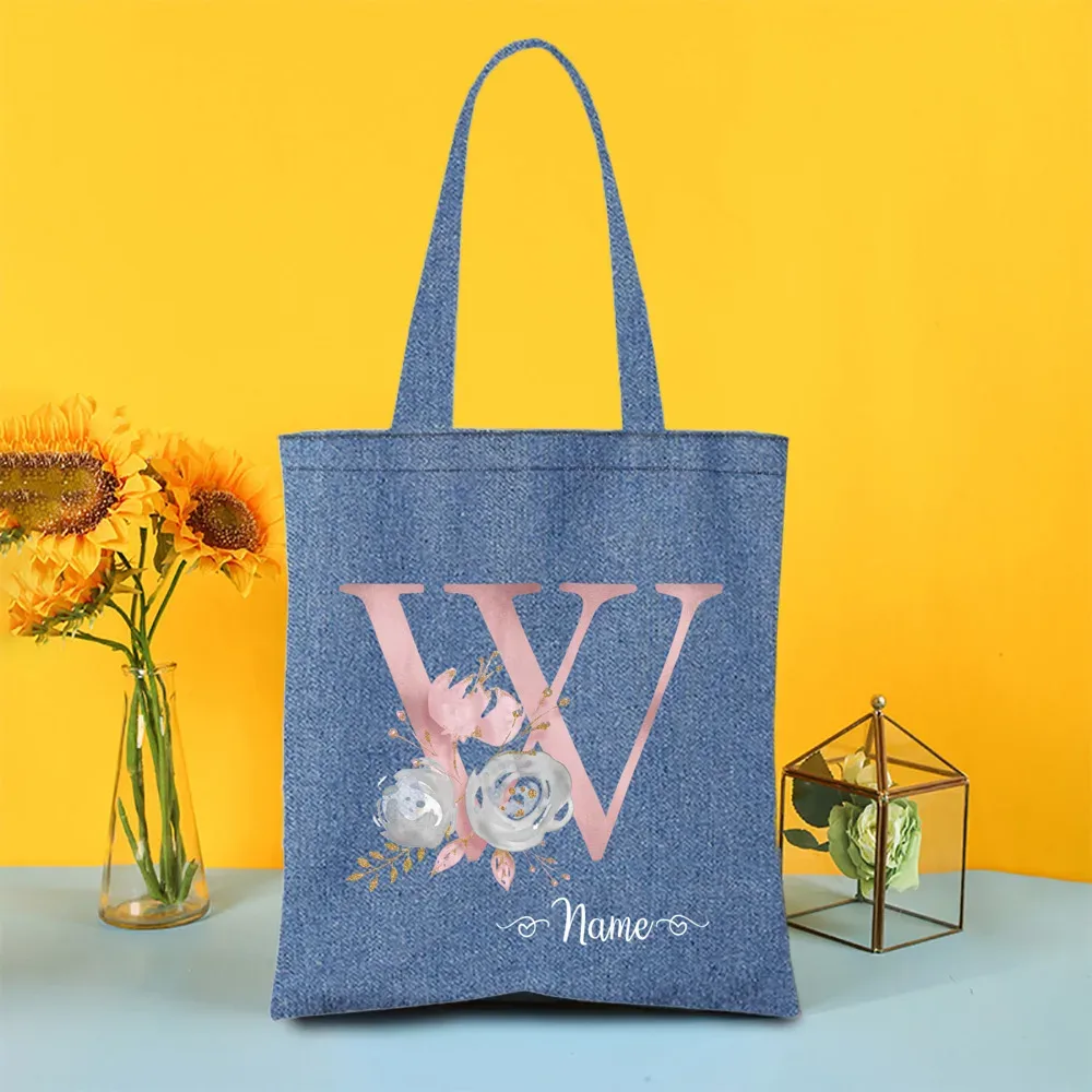 sac fourre-tout en denim personnalisé avec lettre avec nom, sac à main pour mariage, enterrement de vie de jeune fille, sacs de demoiselle d'honneur, sac à bandoulière de voyage, cadeau pour elle