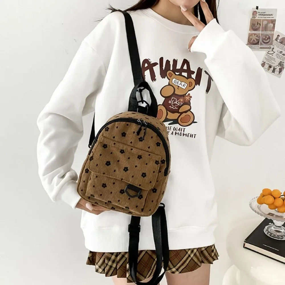 petits sacs à dos imprimés de fleurs, légers, à poches multiples, en velours côtelé, mini sac à dos pour dames, mode femmes, sac à bandoulière 4 couleurs