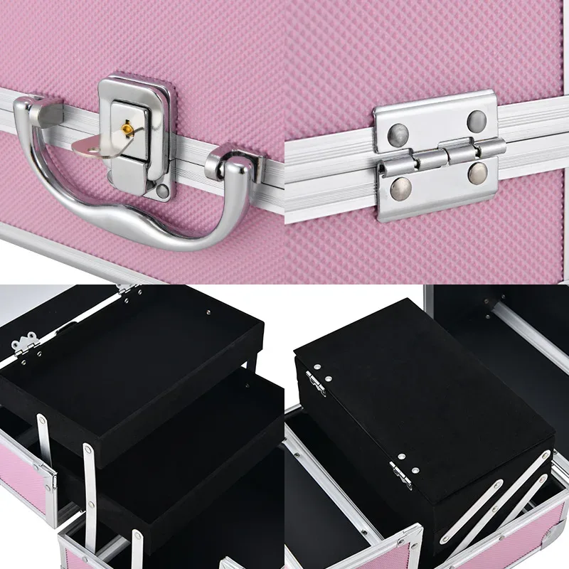 valise de maquillage à 3 plateaux, boîte de rangement cosmétique verrouillable avec miroir, boîte de rangement portable pour le maquillage en voyage