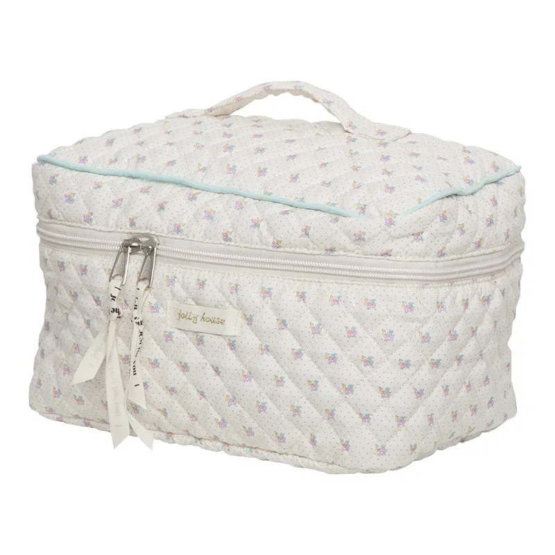 sac de maquillage en coton matelassé pour femmes, mignon, organisateur de cosmétiques à fermeture éclair, sac à main en tissu féminin en forme de boîte, trousse de toilette portable pour filles
