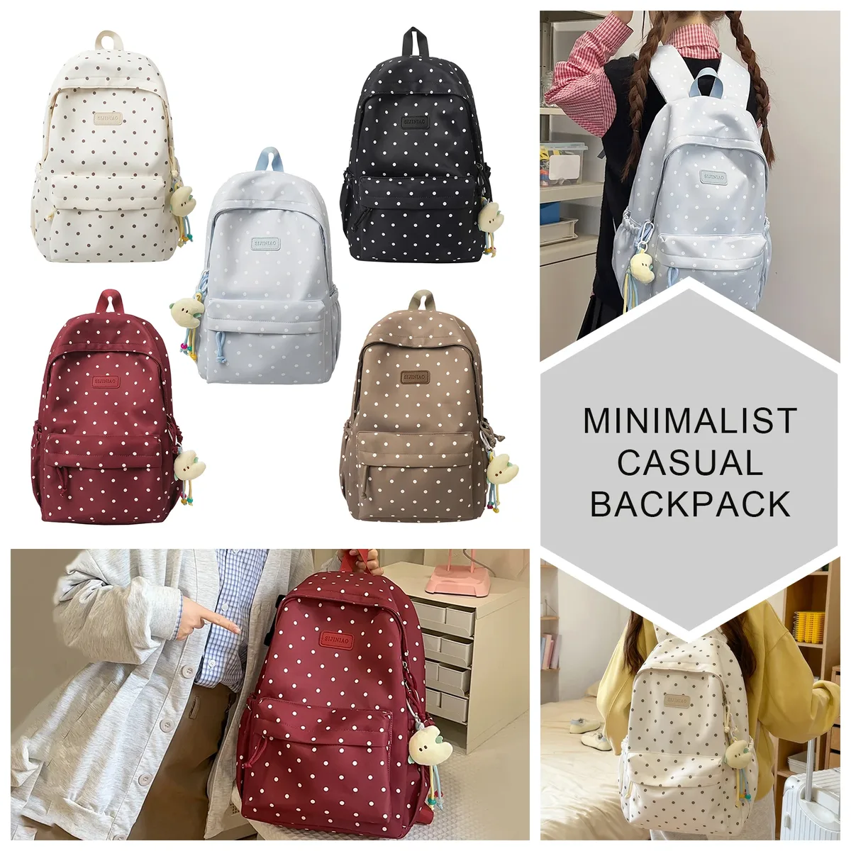 sac à dos pour ordinateur portable à pois mignon, grande capacité, sac de voyage, cartable pour étudiantes du primaire et du collège
