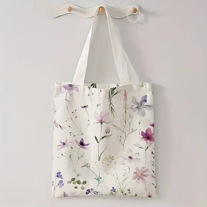 sac fourre-tout imprimé à motif de lettres florales, sac à bandoulière réutilisable à la mode, sac à main en polyester, sac de shopping léger et décontracté