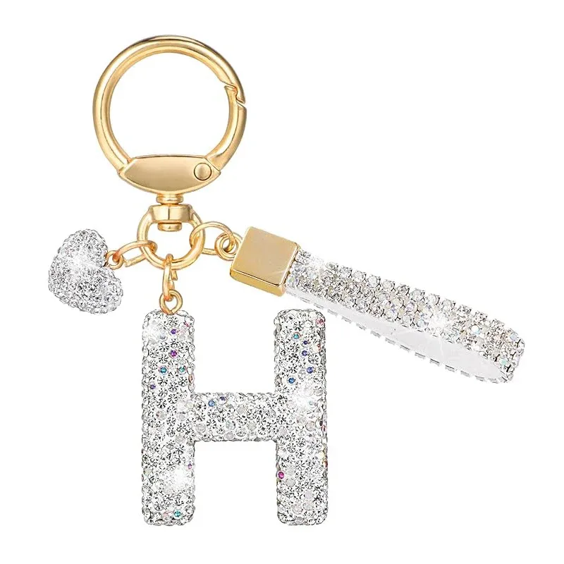 porte-clés avec lettres blanches brillantes, alphabet a-z pour porte-clés de voiture/sac à dos et cadeau avec lanière ajoutée