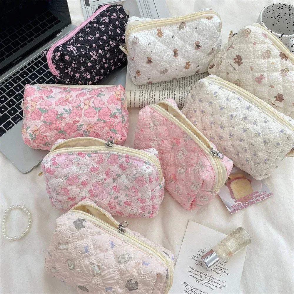 sacs à cosmétiques à brosse carrée de dessin animé mignon, sac de maquillage à fleurs roses pour femmes, organisateur de voyage, pochette à cosmétiques, trousse à crayons pour filles